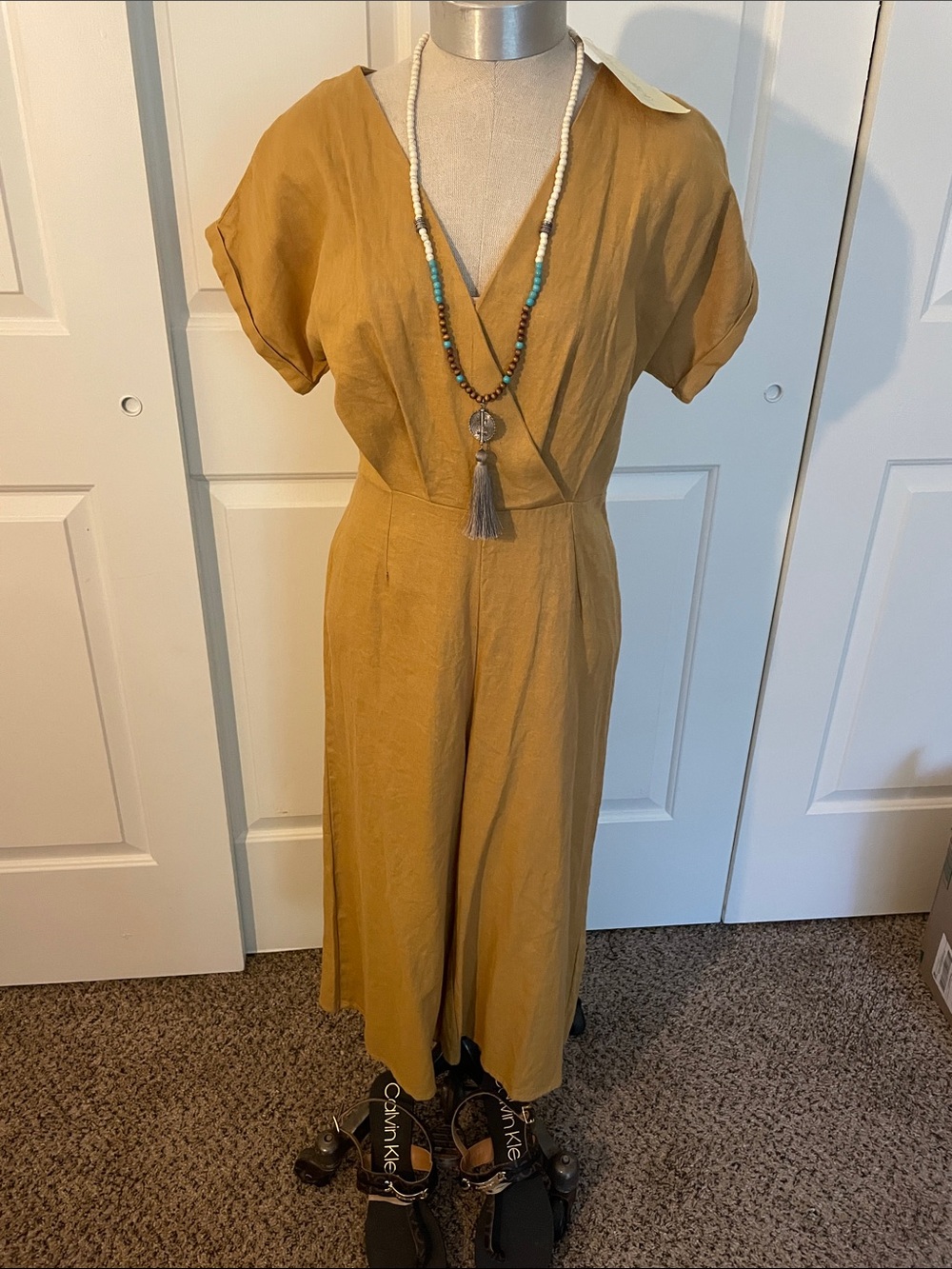 REBELLION V-Neck Short Sleeve Wide-Leg Jumpsuit in Mustard Yellow made in USA